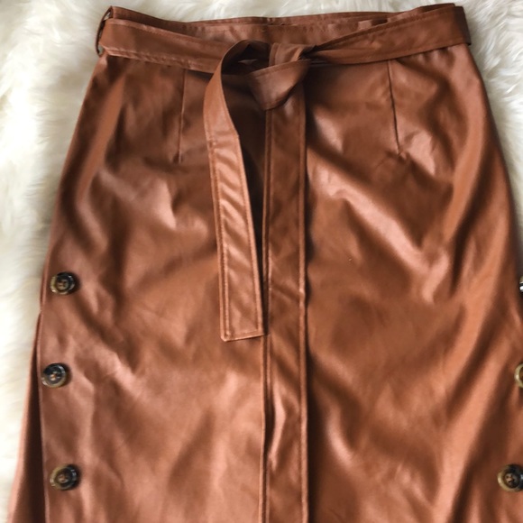 Cognac Leather High Waist Midi Skirt - Picture 2 of 6
